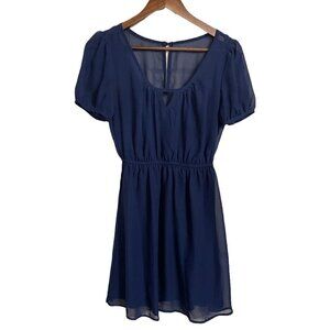 Delirious LA Womens Blue Sheer Lined Keyhole Back Fit Flare Mini Dress Medium
